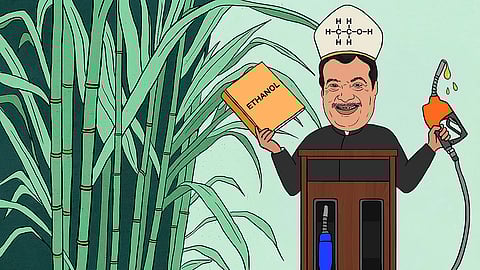 Illustration of Nitin Gadkari standing at a pulpit with a fuel dispenser. He is wearing a white hat with the chemical structure of ethanol on it, holding a book labeled "ETHANOL" in one hand and a fuel nozzle dripping liquid in the other. Tall sugarcane plants are on the left side of the image, symbolizing ethanol production from sugarcane.