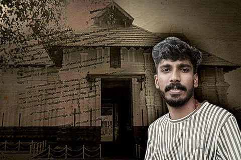 Collage of Anurag, wearing a striped shirt, and Koodalmanikyam temple. The background shows the temple’s traditional Kerala-style tiled roof and entrance, overlaid with Malayalam text