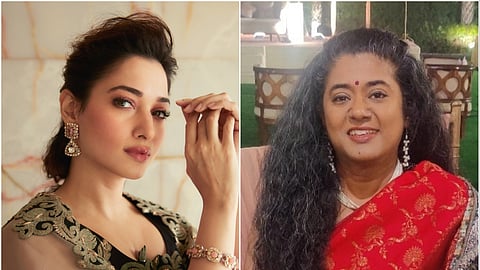 A two-panel image, with the left panel showing the actress Tamannaah Bhatia posing for a photograph. She is looking directly at the camera, wearing a black and sheer-sleeved top with intricate embroidery on the neckline, and accessorized with large earrings and a bracelet. Her hair is styled in an updo. The right panel shows Anna Vetticad, a film critic and journalist, smiling directly at the camera. She has long, dark, curly hair and is wearing a red and gold-patterned saree with a long beaded necklace and earrings.