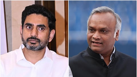 A photo collage featuring two Indian politicians. On the left is TDP leader Nara Lokesh with a beard, wearing a white collared shirt, looking slightly off-camera. On the right is Congress leader Priyank Kharge with gray hair, wearing a black Nehru jacket over a light-colored shirt, looking to the right and smiling slightly.