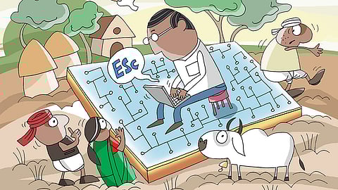 An illustration of a government official working on a laptop sitting atop a chip in a field. Three farmers and a cow are seen in the field around him.