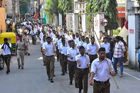 An RSS route march in Shankarapura, south Bengaluru, which was one of 100 held in Bengaluru in commemoration of the RSS' centenary.