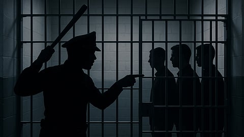 A stylised image of a cop wielding a lathi standing outside a lock up while three men face him standing inside the cell