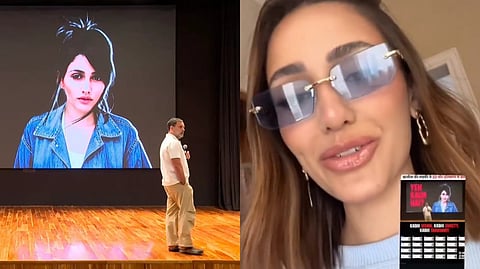 Collage showing Rahul Gandhi presenting a photo of a woman during a press conference on Haryana’s ‘vote theft’ allegations, alongside a screenshot of Brazilian model Larissa Nery reacting in a video after discovering her image was used in the presentation.