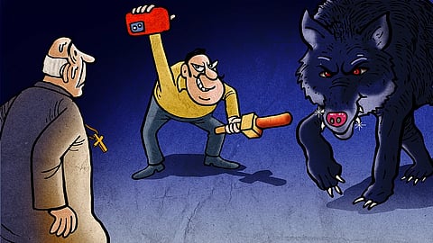 An illustration showing YouTubers and media outlets driving anti-conversion hysteria