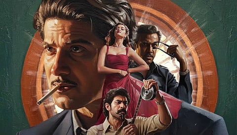 A stylised painted poster of the film Kaantha, featuring Dulquer Salmaan in multiple poses. The largest image shows him in close-up with a cigarette in his mouth. In the foreground, a woman in a red dress stands confidently, holding the fabric of her gown. Another male character adjusts his glasses with a serious expression, while a fourth man holds a reel of film and a pipe. The collage is set against a textured green background with a circular, glowing pattern behind the characters.