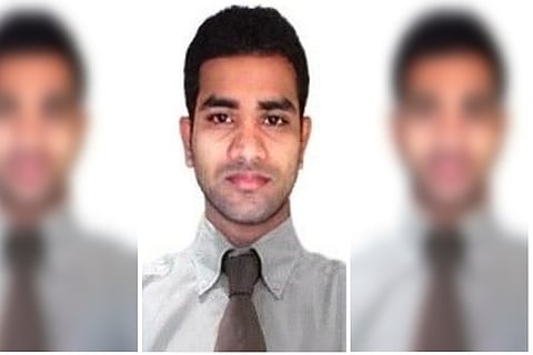 A three-panel vertical collage showing the same man in all three sections. The center image is sharp and clear, showing him facing forward in a light gray shirt and dark tie. The left and right panels are the same photo but heavily blurred, keeping only the colors and general shapes visible.