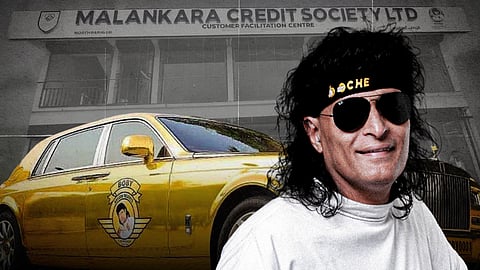 A promotional-style image featuring Kerala businessman Boby Chemmanur wearing dark sunglasses and a black headband with “BOCHE” written on it. He stands smiling beside his gold-coloured Rolls-Royce Phantom, which has his logo on the door. In the background is the Malankara Credit Society customer facilitation centre building, shown in monochrome, creating a contrast with the bright gold car in the foreground.
