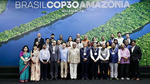 Minister Bhupender Yadav with India delegates at COP 30 Balem