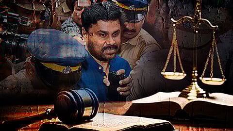 Dileep escorted by police amid media scrutiny, overlaid with a judge’s gavel and scales of justice in a symbolic legal illustration.