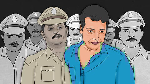 Illustration showing Pulsar Suni at the centre, flanked by Kerala police officers in uniform, including the investigating officer, against a dark background.
