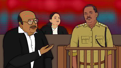 Illustrated courtroom scene from the 2017 Kerala actor assault trial, showing lawyer Raman Pillai in a black coat gesturing during cross-examination of police officer Baiju Paulose in uniform at the witness stand, while Judge Honey Varghese, in black robe and white collar, looks on from the bench against a blurred red and blue background.