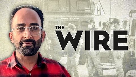 Jehangir Ali in the foreground, The Wire written in the background of J and K police in riot gear