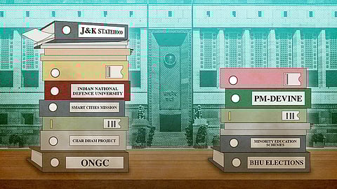 An illustration of large folders and files stacked on top of each other in two sets in front of a government building