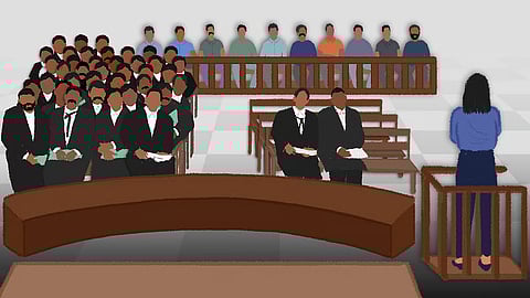 Illustration of a woman standing in the witness box of a courtroom dominated by men