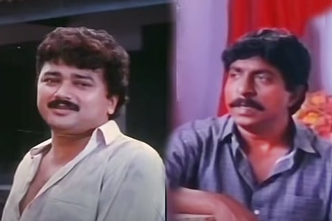Collage of Jayaram in white shirt and Sreenivasan in blue shirt in Sandesham