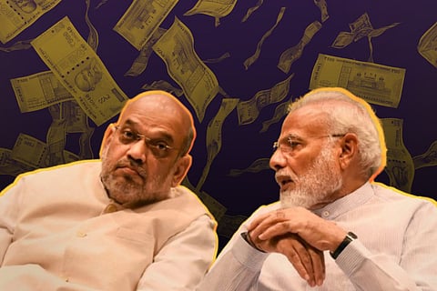 An image featuring Indian politicians Amit Shah (left) and Narendra Modi (right) in a conversational pose against a dark purple background. Both figures are highlighted with a thin yellow outline. Floating in the air behind them are several Indian 500-rupee notes, appearing to fall like rain, symbolizing political donations or financial themes.