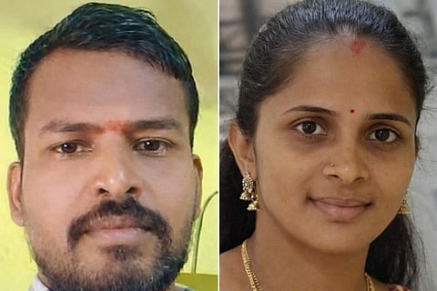 A horizontal collage showing two close-up portraits side by side. On the left, a man with short black hair, a trimmed beard and mustache, and a small tilak on his forehead looks directly at the camera against a yellow-green background. On the right, a woman with her hair pulled back wears a small red bindi, earrings, and a necklace, looking calmly at the camera against a softly blurred indoor background.