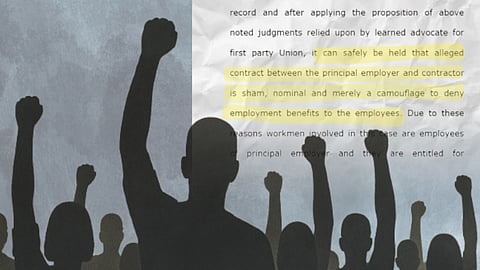 Silhouette of men and women with their fists raised in the air. Behind them is visible a document with some lines highlighted in yellow. 