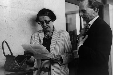 Hannah Arendt at the trial of Nazi Adolf Eichmann in 1961, ten years after she published The Origins of Totalitarianism. 