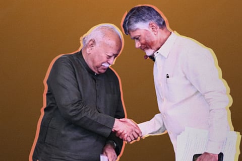 RSS chief Mohan Bhagawat and Andhra Pradesh Chief Minister Chandrababu Naidu shaking hands