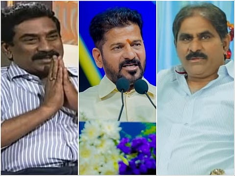 A three-panel horizontal collage featuring three prominent men from the Telugu media and political landscape.

Left panel: Vemuri Radhakrishna (RK), the Managing Director of ABN Andhra Jyothi, wearing a blue and white striped shirt with his hands folded in a "Namaste" gesture.

Center panel: Anumula Revanth Reddy, the Chief Minister of Telangana, speaking into microphones while wearing a light-colored shirt and a small saffron tilak on his forehead.

Right panel: Tummala Narendra Chowdary, the founder and Chairman of NTV, wearing a light blue button-down shirt and looking directly at the camera.