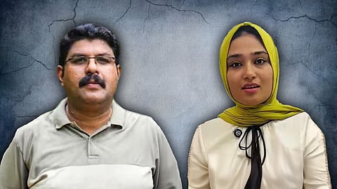 A stylised collage of Deepak on the left and Shimjitha on the right. Deepak is in a grey polo t shirt and Shimjitha is wearing a neon green head scarf
