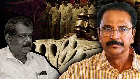 A stylised collage showing disqualified MLA Antony Raju on the left and police officer KK Jayamohan on the right