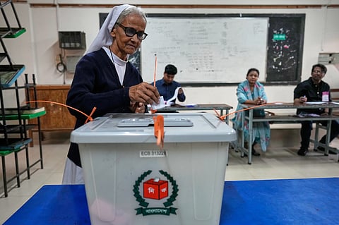 A Bangladeshi Christian nun casts her vote in a polling station during national parliamentary election in Dhaka, Bangladesh, Thursday, Feb. 12, 2026. 