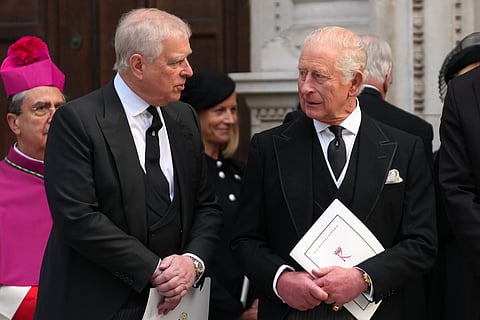 Then-Britain's Prince Andrew, left, and Britain's King Charles III leave after the Requiem Mass service for the Duchess of Kent at Westminster Cathedral in London, Sept. 16, 2025. 