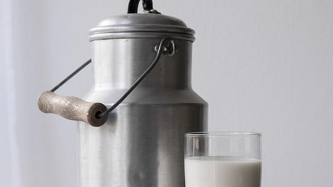 An upright, silver metal milk canister and a tall glass of milk rest on a blue-and-white striped cloth. The cloth is spread across a rustic, weathered wooden table with chipped white paint. The canister has a wire handle with a light wood grip, and the glass is nearly full of fresh, white milk. The background is a clean, neutral white wall, creating a simple and rustic still-life composition.