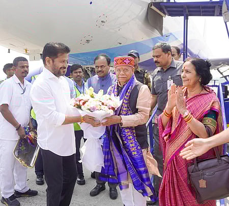 Telangana's newly-appointed Governor Shiv Pratap Shukla arrives in Hyderabad