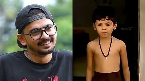 Side-by-side image showing Hari Murali as an adult on the left, wearing glasses and a backwards cap, smiling outdoors, and as a young child actor on the right in a film still, standing shirtless with a traditional necklace and short hair.