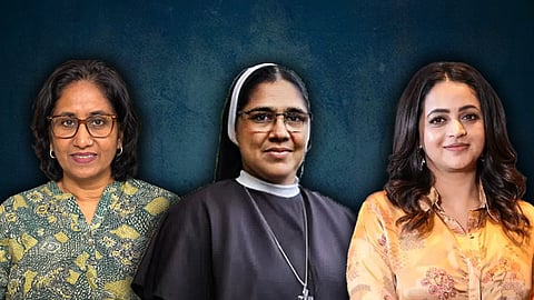 Composite image showing Asha Achy Joseph, Sister Ranit MJ in a nun’s habit, and actor Bhavana. All three women have publicly revealed their identities after being survivors in high-profile sexual assault cases in Kerala.