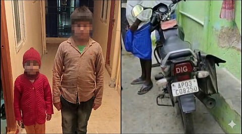 Horizontal collage of two images. On the left, two children—one smaller child in a red knit cap and sweater, and one taller child in a tan button-down shirt—stand in a hallway with their faces pixelated for privacy. On the right, a black motorcycle is parked next to a light green wall, showing its rear license plate "AP03 CD8250" and a black storage bag attached to the side.