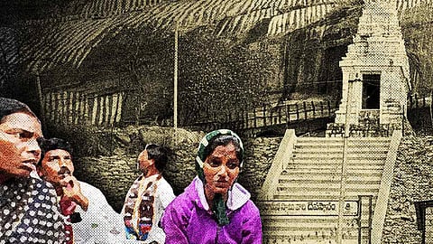 Stylised image of Mounika, the baby's mother sitting in protest, against the backdrop of the Kummera Mallanna temple