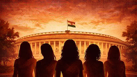 Silhouettes of women standing in front of the Indian Parliament