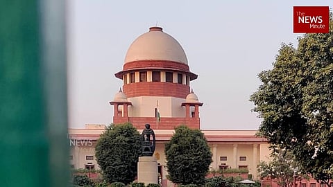 A wide-angle, eye-level shot of the Supreme Court of India in New Delhi, partially framed by a blurred green pillar in the left foreground.

The building features its iconic large central dome and two smaller domes on either side, all rendered in off-white stone with red sandstone accents. A tall flagpole with the Indian tricolor flies in front of the main entrance. In the foreground, a black statue stands atop a stone pedestal, surrounded by manicured green bushes and symmetrical trees. The sky is a clear, pale evening hue. The logo for "The News Minute" is visible in the top right and center-left of the frame.