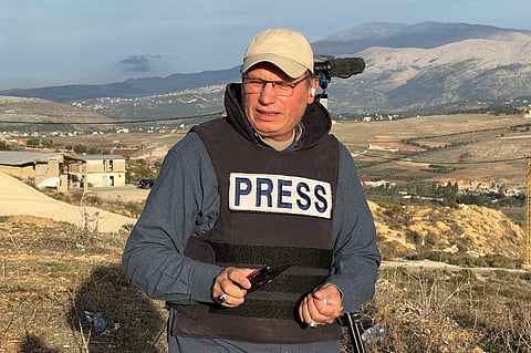 Hezbollah's al-Manar TV correspondent Ali Shoeib, who was killed in an Israeli strike in Jezzine along with other journalists on Saturday, March 28, 2026, is seen reporting in the town of Marjayoun, Wednesday, Nov. 22, 2024. 