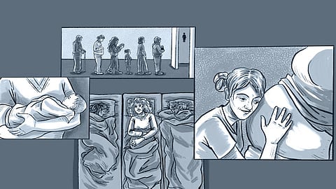 A collection of illustrations of midwives and pregnant women; someone putting their ear to a pregnant abdomen, someone else carrying a baby, another person shown to be awake in bed.
Midwives across Lebanon are stepping in to provide care to some of the more than 12,000 pregnant women displaced by Israel under threat of death. 