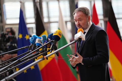 European Commissioner for Energy and Housing Dan Jorgensen speaks with the media as he arrives for a meeting of EU energy ministers at the European Council building in Brussels, Monday, March 16, 2026. 