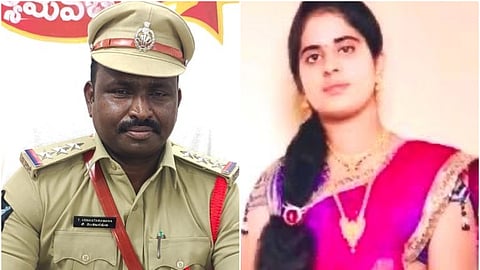 This image consists of two separate photos placed side-by-side:

Left Side: A portrait of a male Indian police officer in a khaki uniform. He is wearing a peaked cap with a police emblem and a name tag that reads "T. VENKATARAMANA" in both English and Telugu script. He has three stars on his epaulettes, indicating the rank of Inspector.

Right Side: A portrait of a young woman with long dark hair. She is wearing a traditional bright pink and gold saree, accessorized with gold jewelry, including a necklace and earrings.