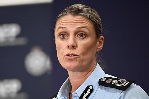 Australian Federal Police Commissioner Krissy Barrett speaks to media during a press conference following the arrest of former Australian soldier in Sydney, Tuesday, April 7, 2026. (Bianca De Marchi/AAP Image via AP)

