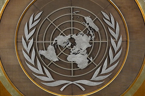 FILE - The United Nations logo is seen inside the 79th session of the United Nations General Assembly, Tuesday, Sept. 24, 2024. (AP Photo/Pamela Smith, File)

