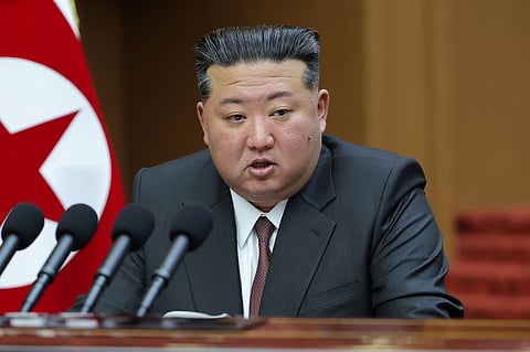 In this photo provided by the North Korean government, its leader Kim Jong Un delivers a speech during a session of the Supreme People’s Assembly at parliament in Pyongyang, North Korea Monday, March 23, 2026. Independent journalists were not given access to cover the event depicted in this image distributed by the North Korean government. The content of this image is as provided and cannot be independently verified. (Korean Central News Agency/Korea News Service via AP)

