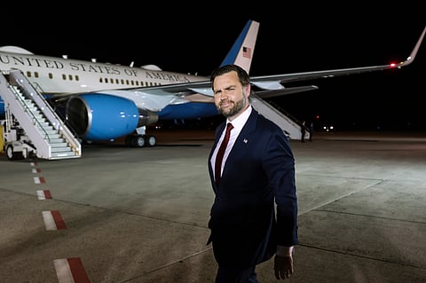 Vice President JD Vance pauses after speaking to reporters before boarding Air Force Two to return to Washington, at Budapest Ferenc Liszt International Airport in Budapest, Hungary, Wednesday, April 8, 2026. (Jonathan Ernst/Pool via AP)

