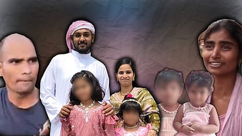 A collage of several people, including a man in traditional Arab clothing (a white thobe and red-and-white keffiyeh), a woman in a green and gold saree, and four young girls whose faces are blurred. To the far left and far right are two other individuals who appear to be emotionally distressed; the woman on the right has a tearful expression. The background is a dark, textured gray, and the image file name suggests a connection to themes of sex selection in Telangana.