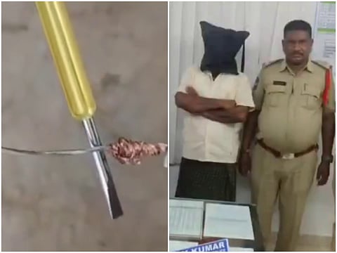 A split image showing a close-up of a tester tool touching a bare copper wire on the left, and a man with his head covered by a black hood standing next to a police officer in uniform on the right.