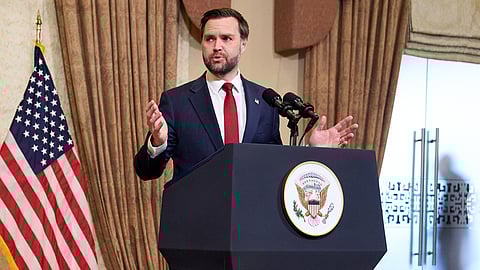 Vice President JD Vance speaks during a news conference after meeting with representatives from Pakistan and Iran, Sunday, April 12, 2026, in Islamabad. (AP Photo/Jacquelyn Martin, Pool)

