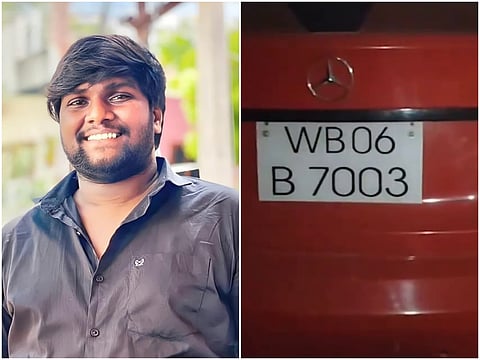 The image is a composite of two side-by-side photos related to a news event.

Left side: A portrait of a young man with dark hair and a beard, wearing a black button-down shirt, smiling at the camera against a blurred outdoor background.

Right side: A close-up of the rear of a red Mercedes-Benz car. The focus is on the white license plate, which reads "WB 06 B 7003," positioned directly below the silver Mercedes emblem.